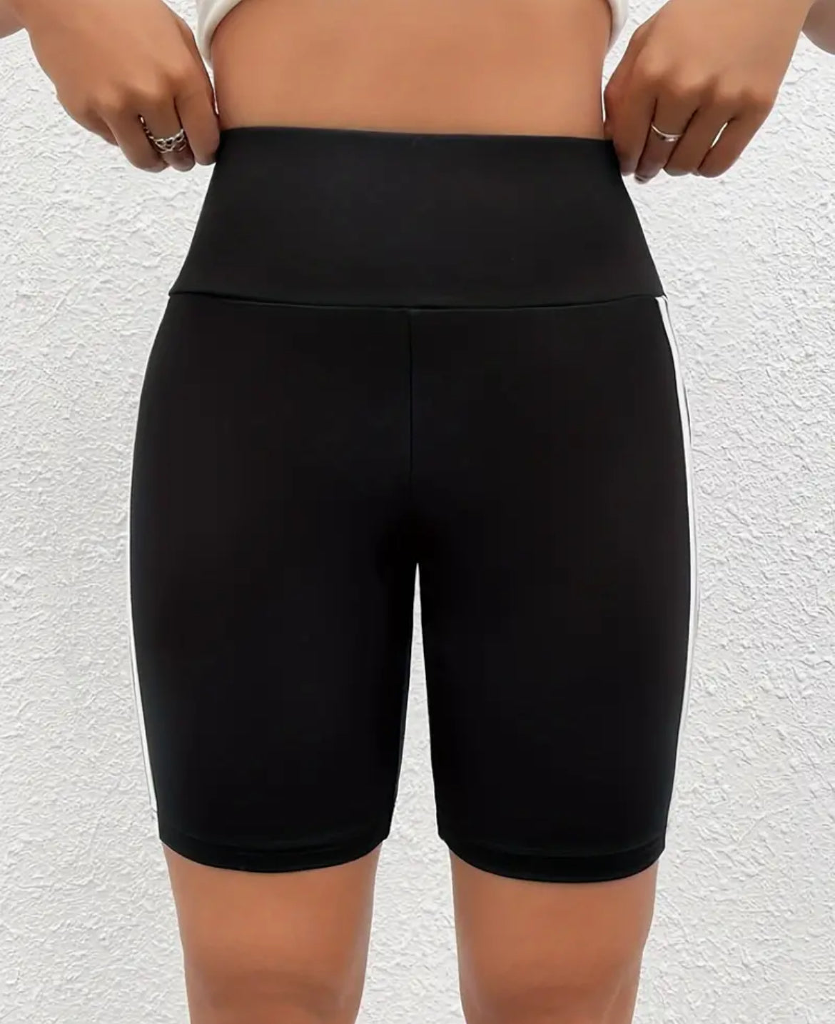 Black Striped High-Waist Sporty Crop Leggings – Women's Casual Yoga Shorts